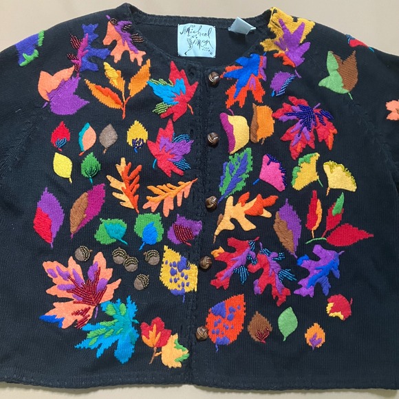 Michael Simon Vintage Fall Leaves Beaded Knit Cardigan Sweater Black XL Season - Picture 4 of 12